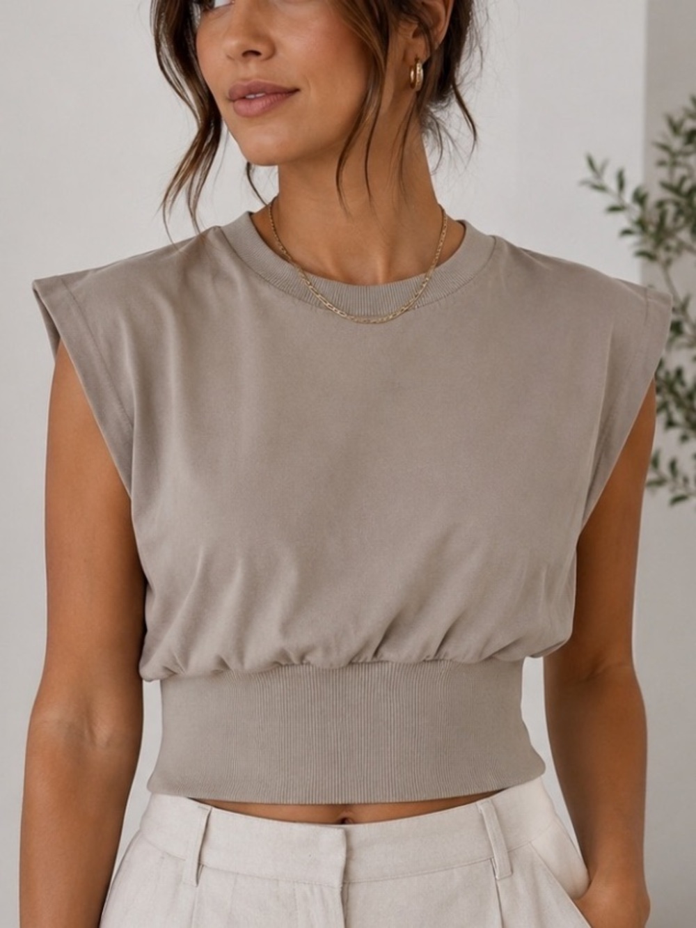 Lattelier Beige Cropped Muscle Tee Ribbed Waist Top Size M